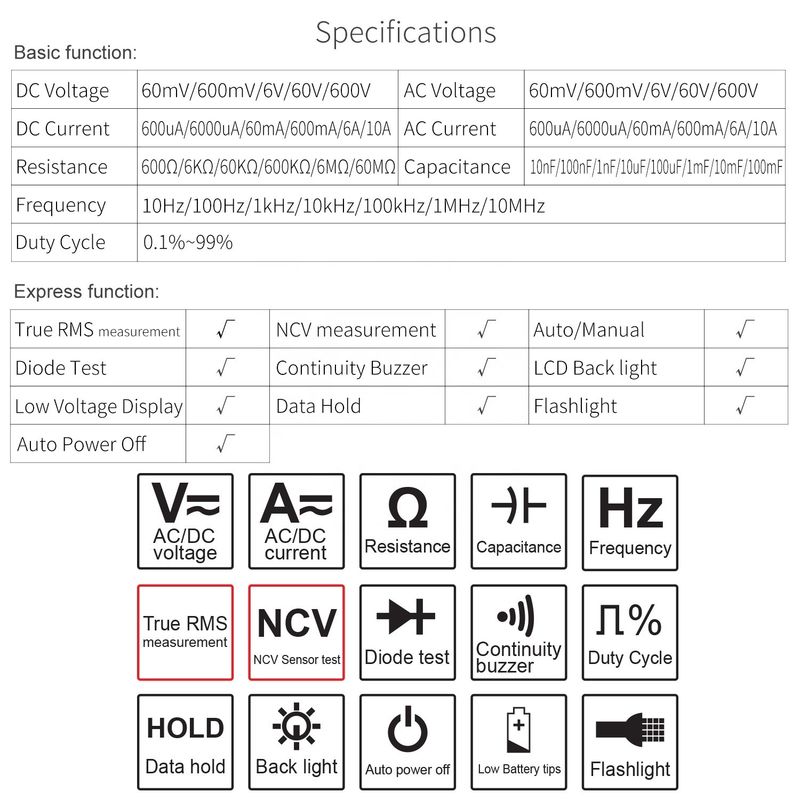 Multi-function Pocket Digital Multimeter Điện sĩ Universal Meter Độ chính xác cao DC / AC NCV True RMS Multimeter Tester