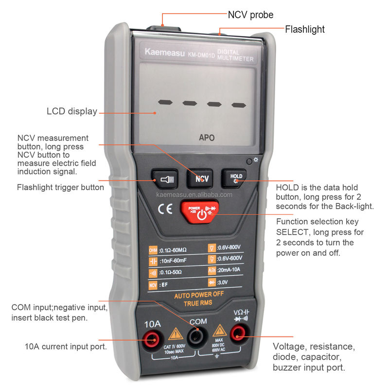 OEM ODM Anti-Burn Multitester DC / AC NCV đo đầu ra sóng vuông True-rms tự động range Digital Multimeters