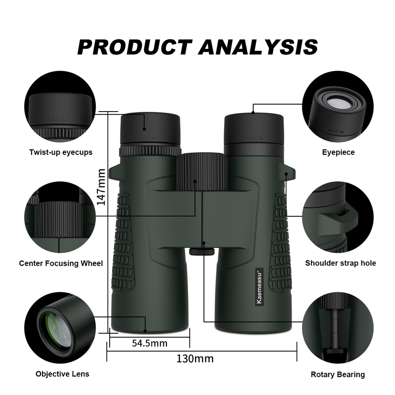 Ống nhòm Kaemeasu C Model màu xanh lá cây 10x42 HD chống thấm nước cho người lớn, ống nhòm để xem chim và đi bộ đường dài, quang học với lăng kính BAK4, thân hợp kim magiê chống sốc, tầm nhìn rõ ràng và sáng